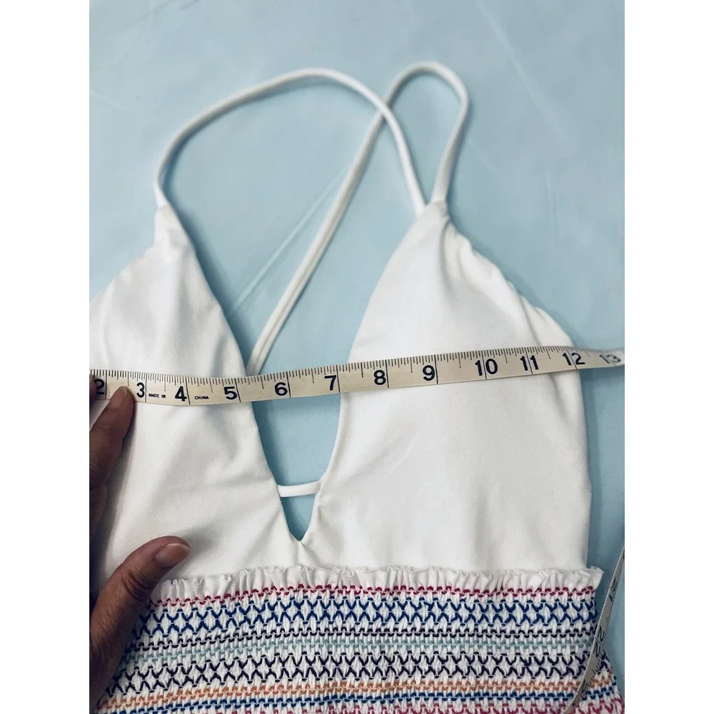 Bar III Swimsuit Womens Small White One Piece Smocked Waist Multicolor Trim Swim